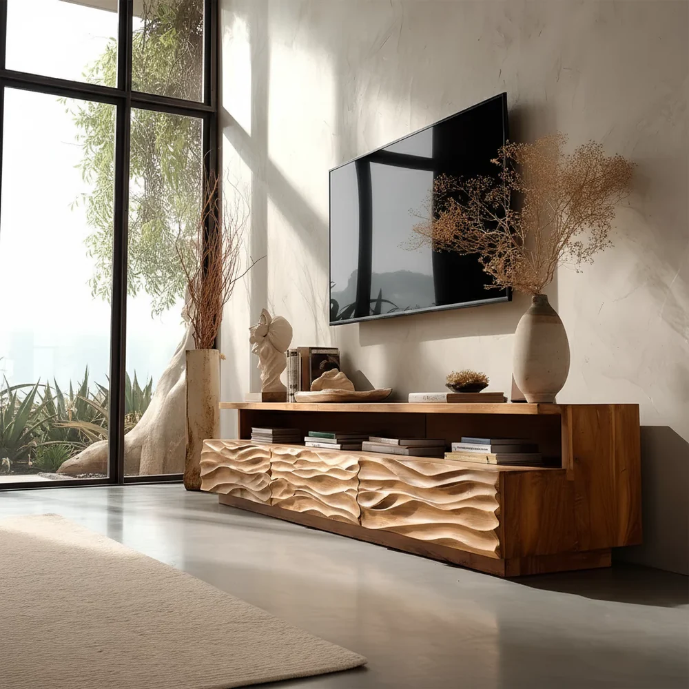 Solid Wood TV Stand Modern Oak Media Console with Carved Wave Doors and Storage