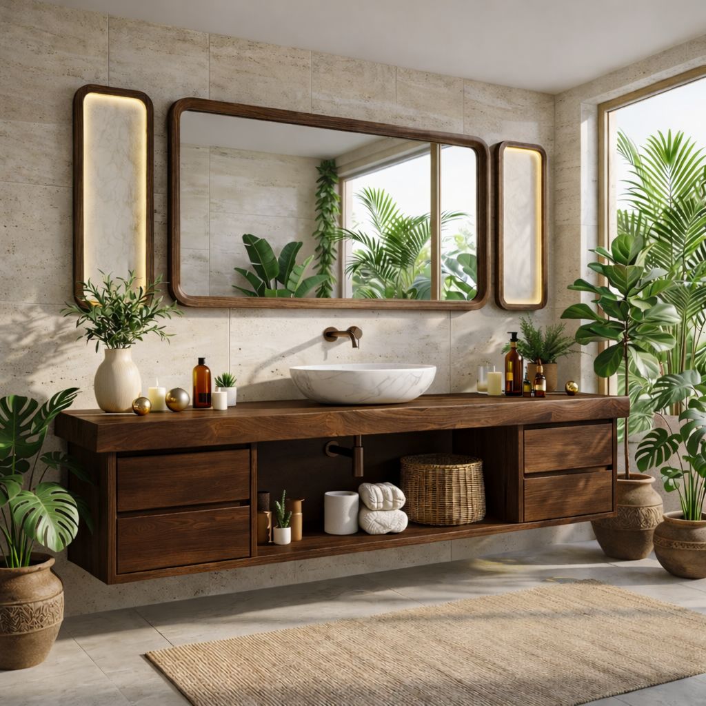 Modern Floating Walnut Vanity with Natural Wood Finish and Open Shelving, Stylish Bathroom Storage