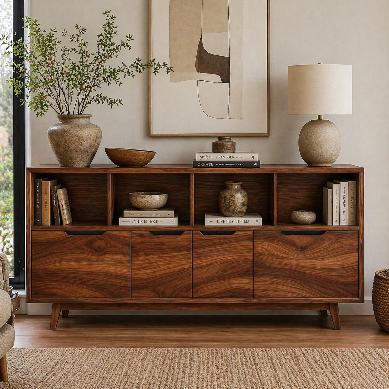 Mid Century Solid Wood Sideboard Cabinet with Drawers & Open Shelf Storage
