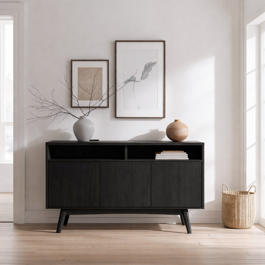 Mid-Century Modern Solid Wood Console Cabinet with Open Shelf and Storage