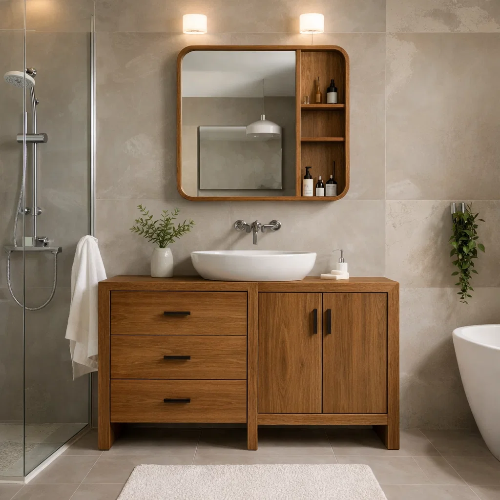 Solid Wood Bathroom Vanity Cabinet with Drawers & Double Doors – Modern Finish