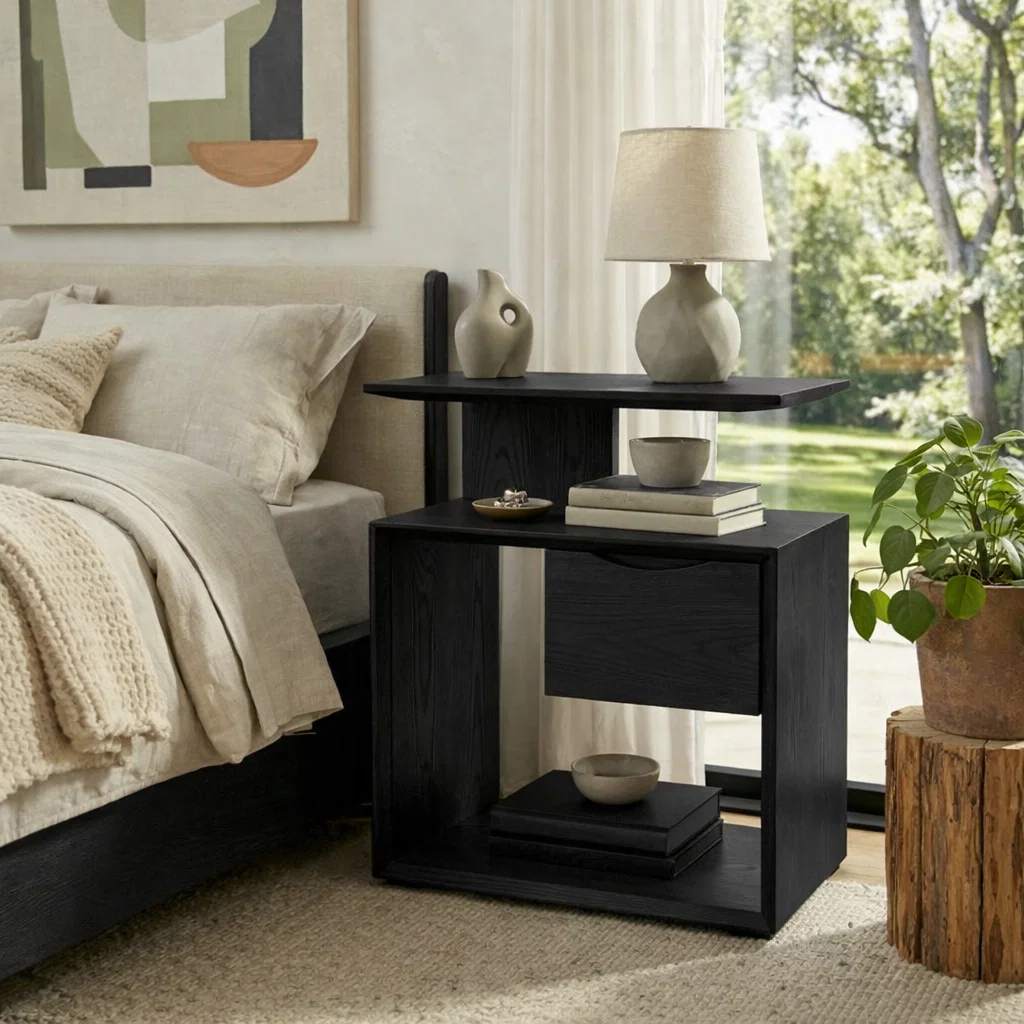 Solid Wood Nightstand with Drawer & Open Shelf – Modern Bedside Table