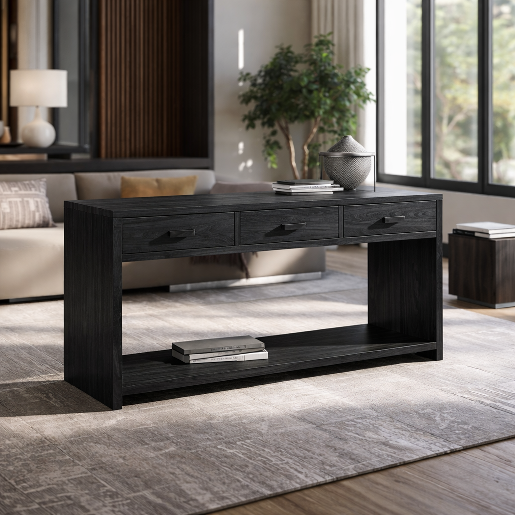 Solid Wood Console Table with Drawers and Shelf – Modern Entryway Storage Table