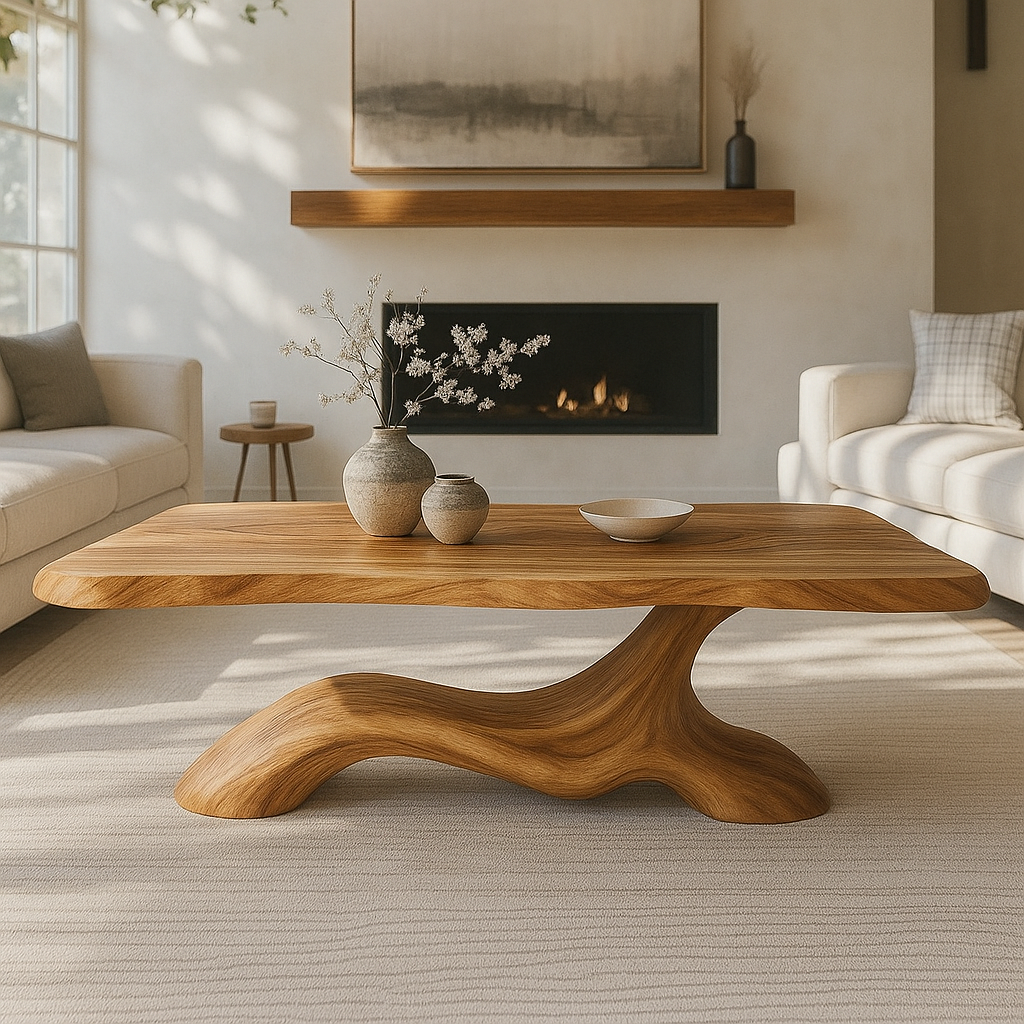 Solid Wood Coffee Table Modern Sculptural Base Natural Wood Design