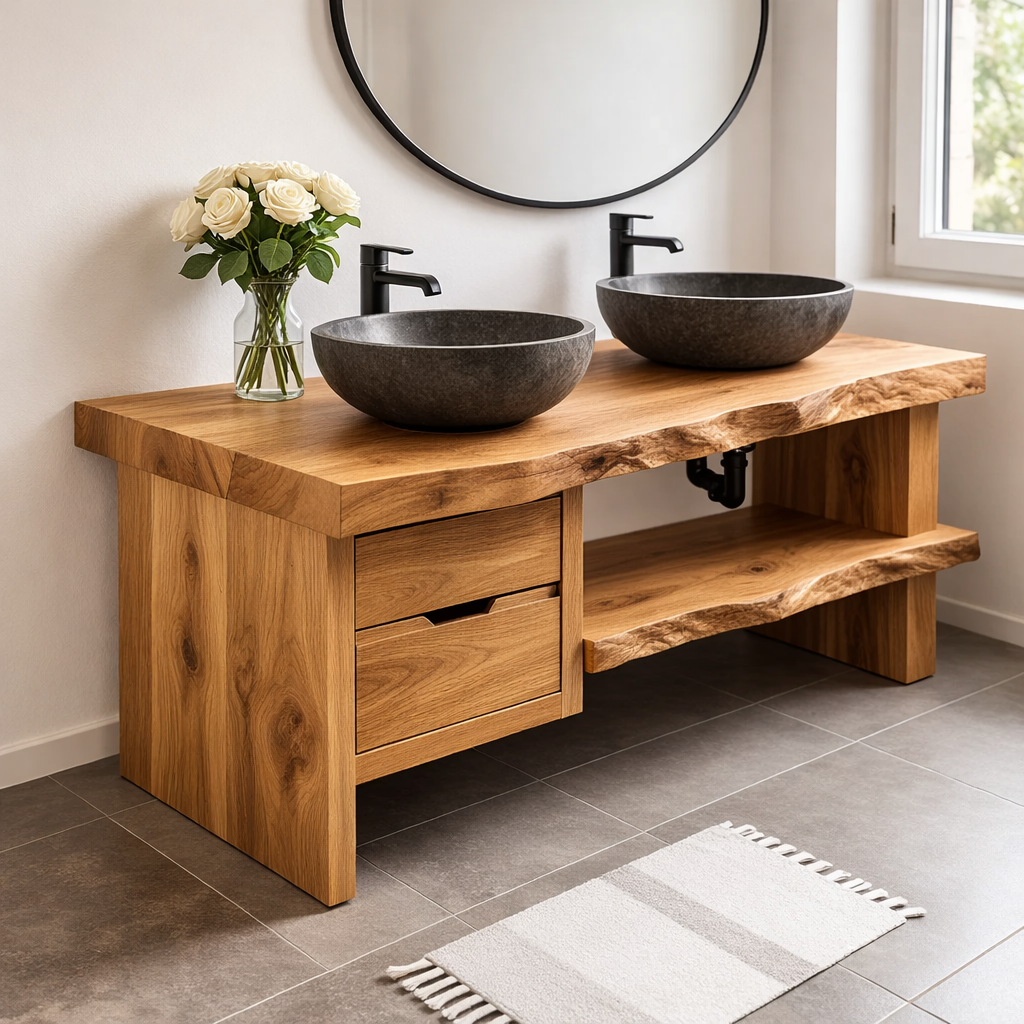Solid Wood Double Sink Bathroom Vanity with Drawers and Open Shelf Rustic Style