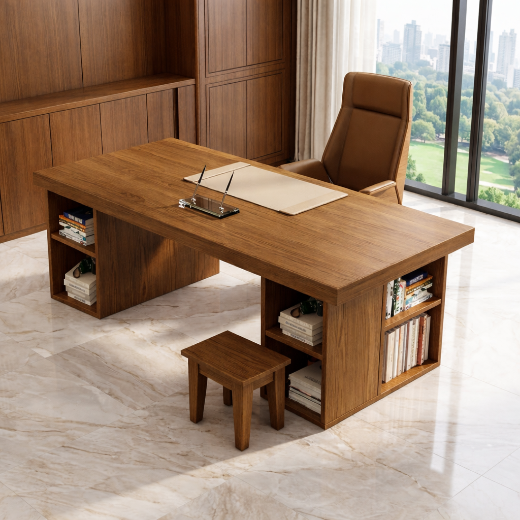 Large Executive Office Desk with Storage Shelves, Modern Writing Table for Home Office Study