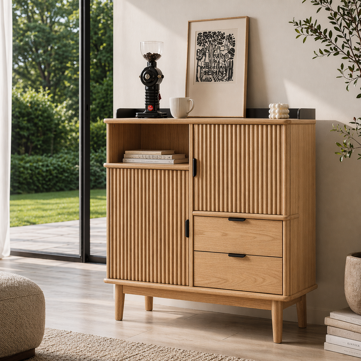 Solid Wood Console Sideboard with Fluted Doors – Mid Century Modern Storage Cabinet