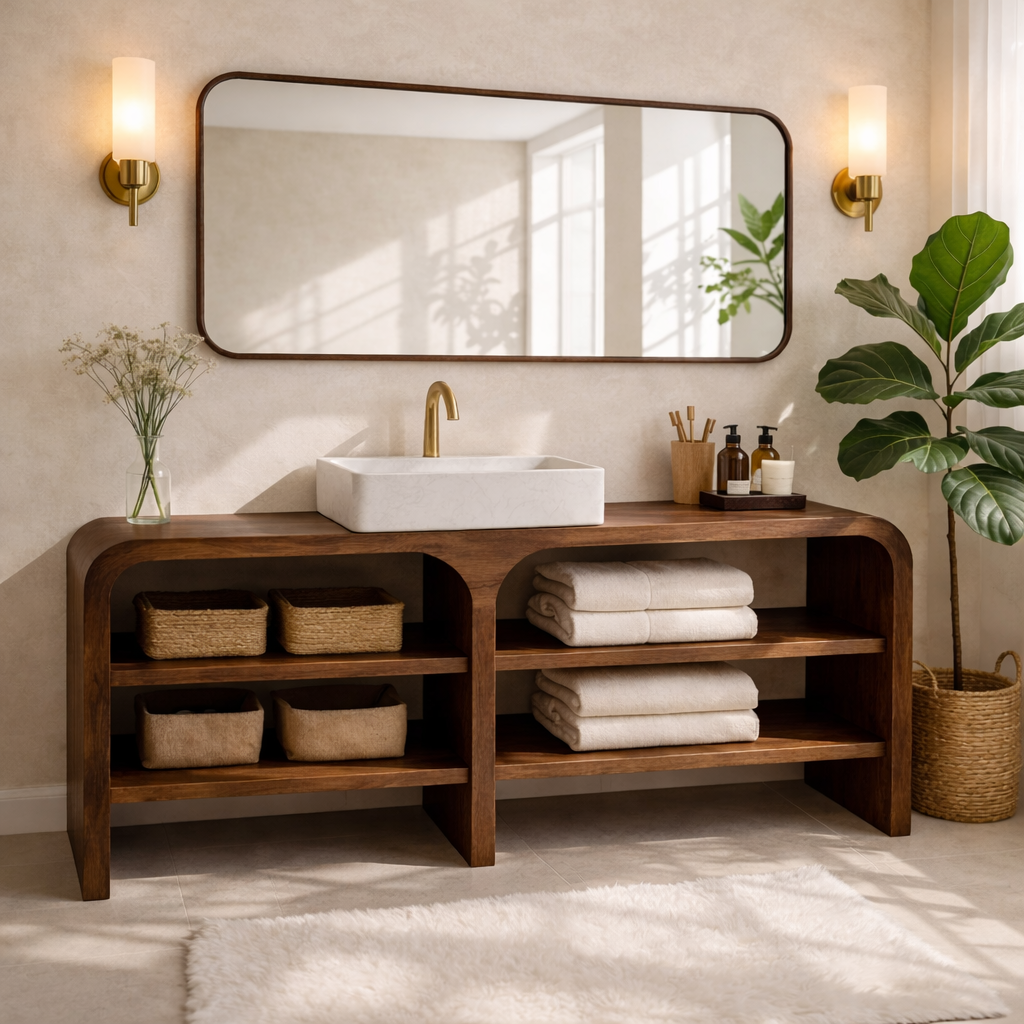 Modern Wooden Bathroom Vanity with Open Shelving