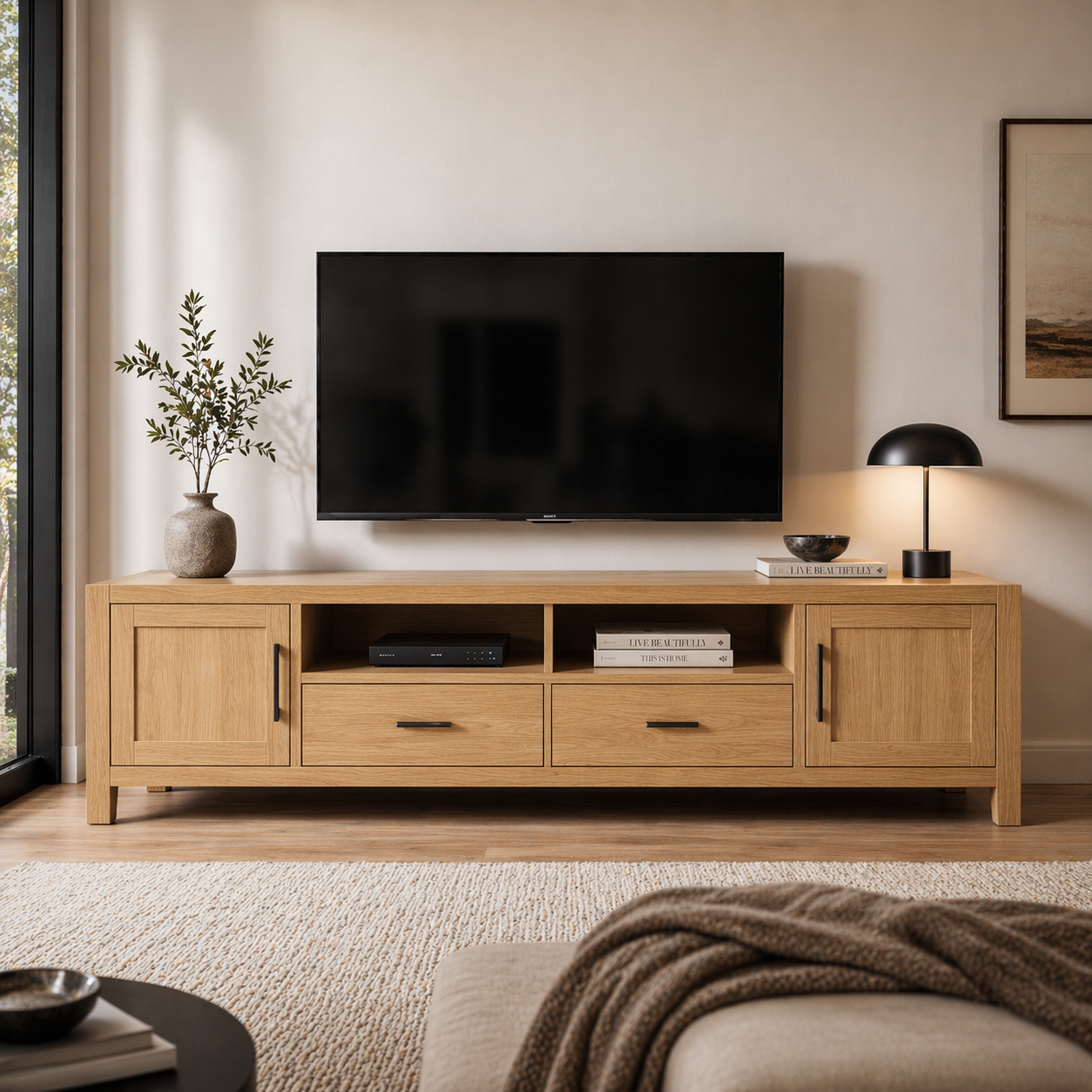 Solid Wood Media Console with Drawers, Modern TV Stand with Cabinets and Storage