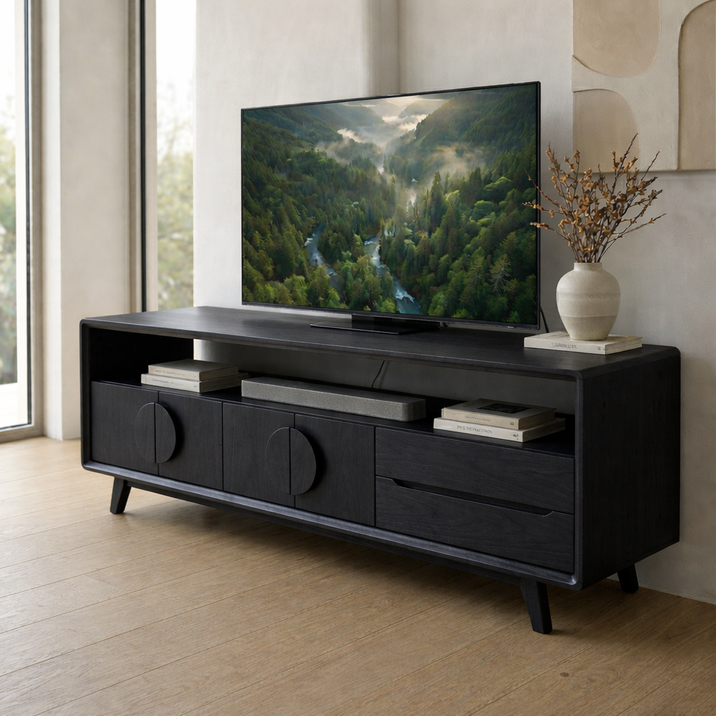 Mid Century Solid Wood Media Console with Storage – Modern TV Stand Cabinet