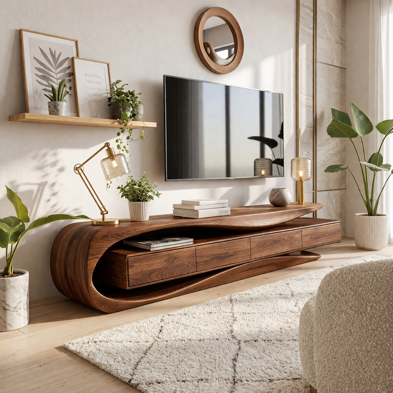 Solid Wood TV Stand with Curved Frame, Modern Low Profile Media Console