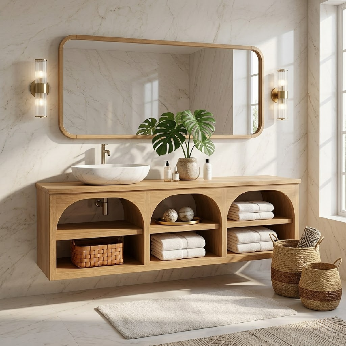 Floating Vanity with Natural Wood and Marble Sink, Open Shelf Storage