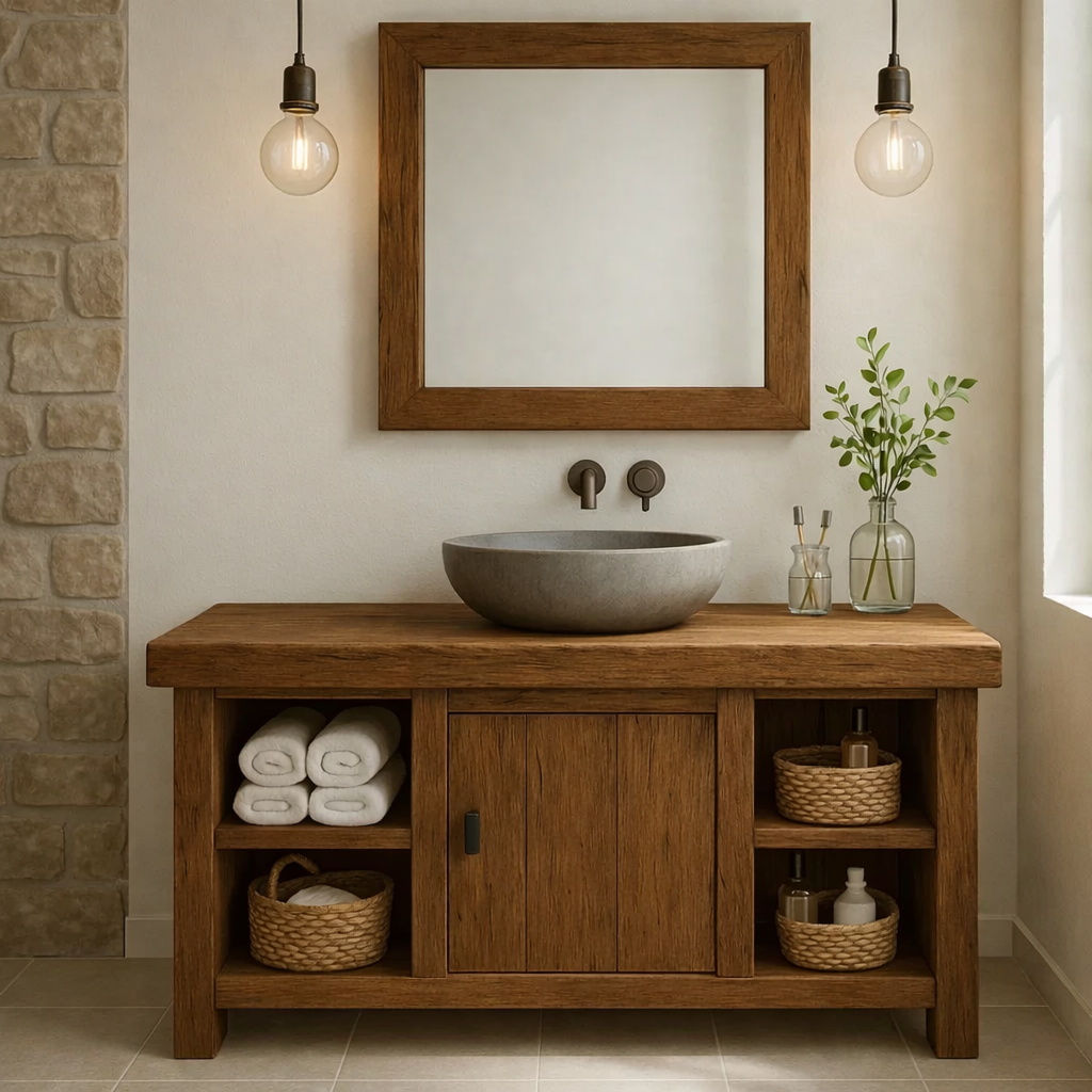 Rustic Wooden Bathroom Vanity with Vessel Sink and Storage Compartments