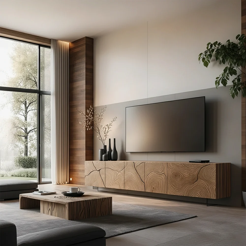 Solid Wood Floating TV Stand Modern Wall Mounted Media Console with Carved Design