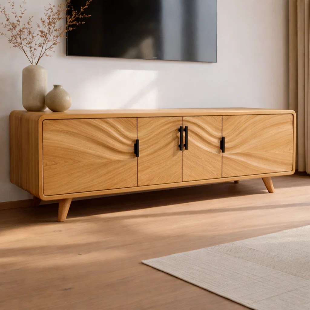 Solid Wood Wave Front TV Cabinet with Doors – Modern Low Media Console Storage