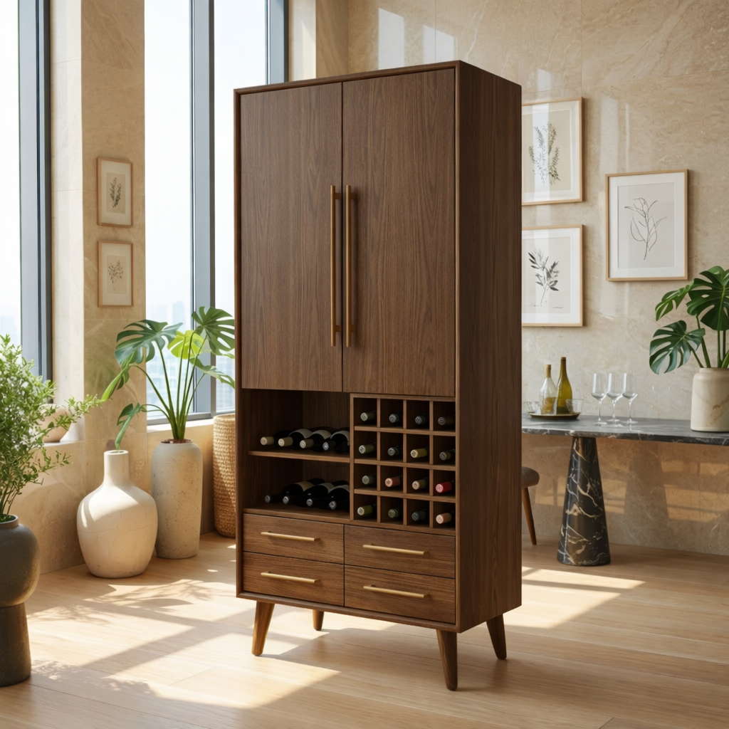 Modern Wine Cabinet with Bottle Rack, Drawers and Tall Concealed Bar Storage