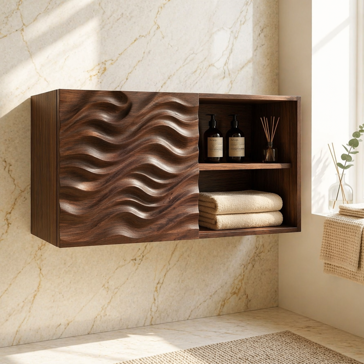 Floating Bathroom Cabinet, Modern Wavy Wall Mounted Vanity Storage Shelf Organizer