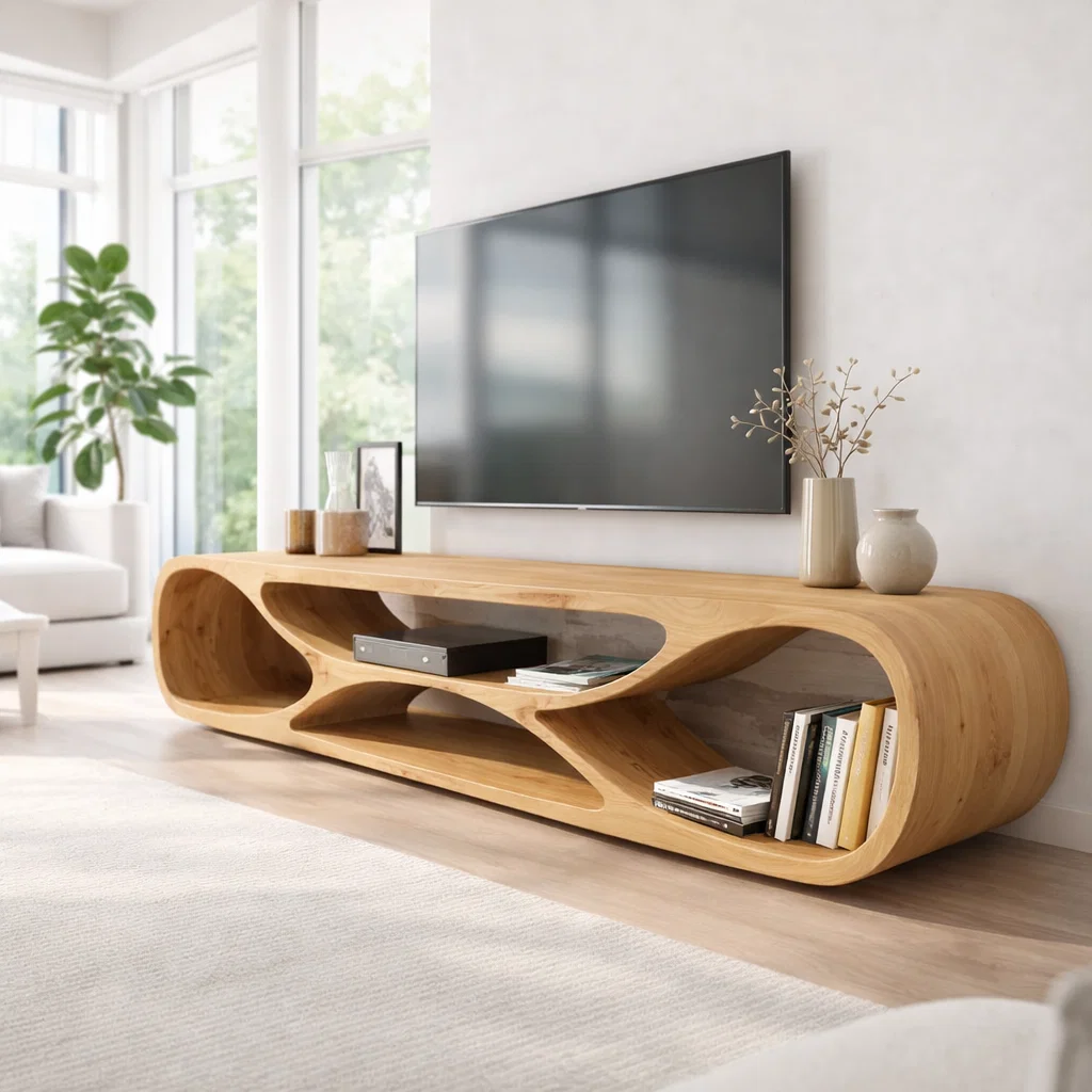 Solid Wood Media Console with Sculptural Curved Design, Modern TV Stand