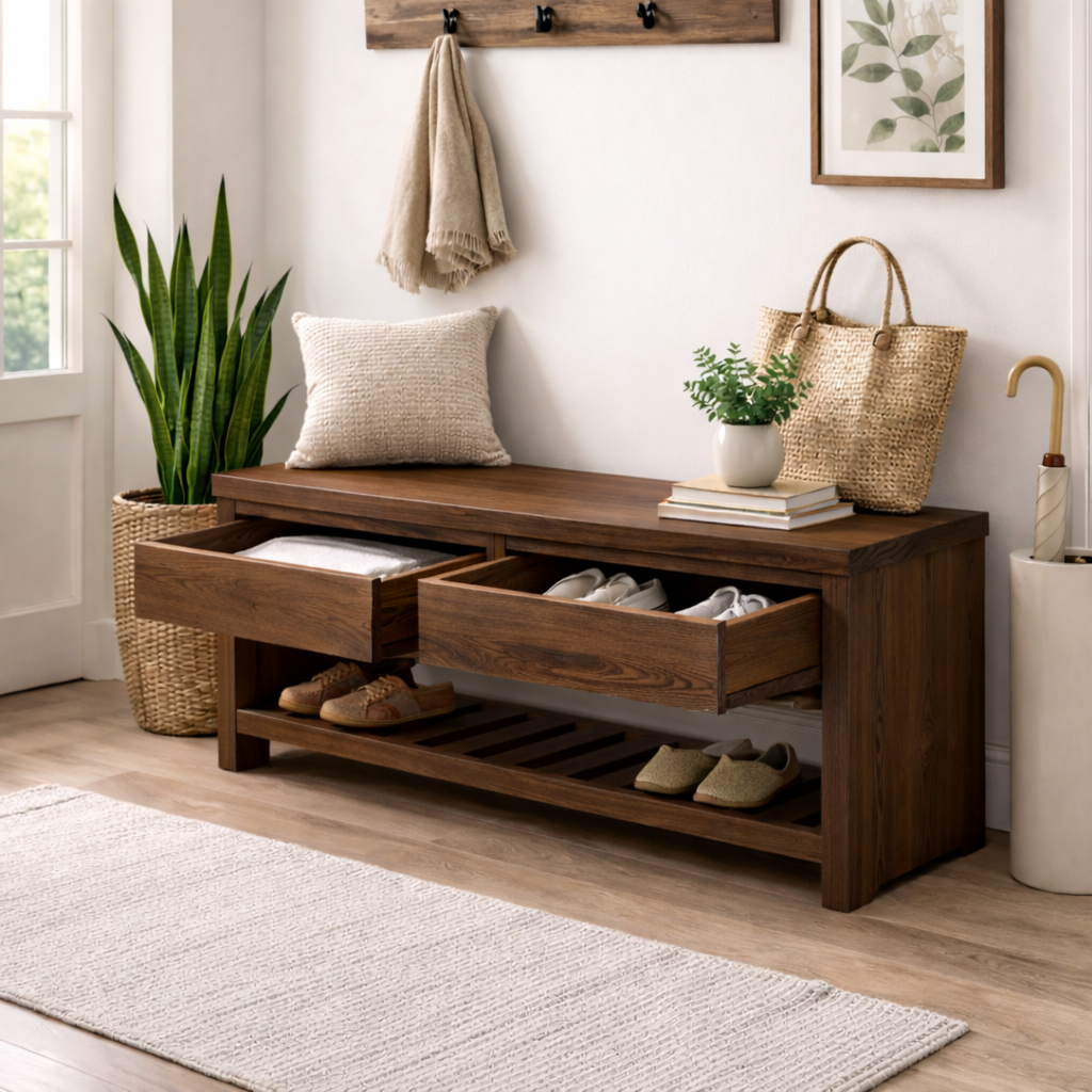 Wood Entryway Bench with Storage Drawers | Modern Hallway Seating & Shoe Rack