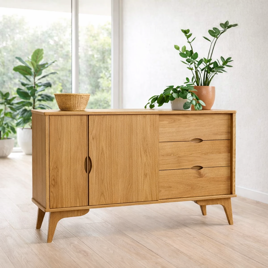 Mid Century Sideboard Cabinet with Drawers and Sliding Doors – Storage Console