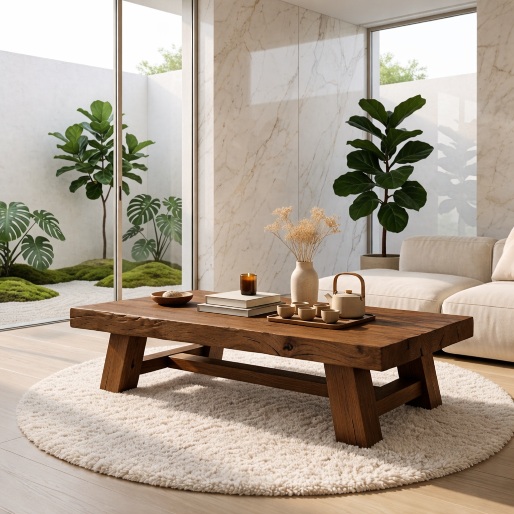 Handcrafted Solid Wood Coffee Table, Rustic Style with Geometric Legs