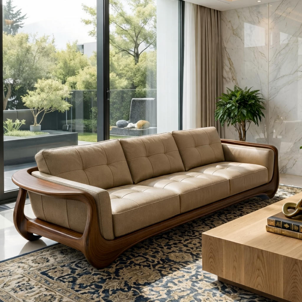 Luxury Curved Solid Wood Sofa with Tan Tufted Leather High-End Modern Couch