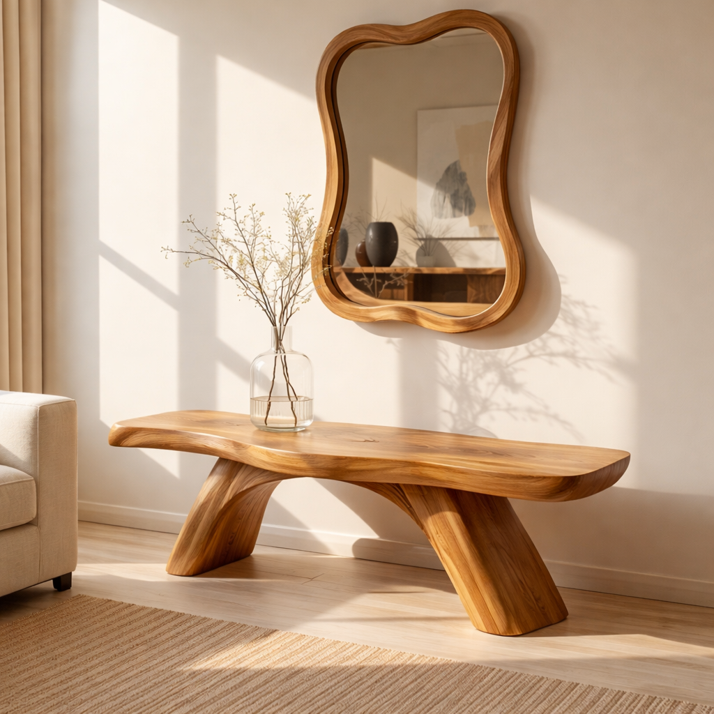 Handcrafted Solid Wood Entryway Bench with Curved Live Edge Design for Modern Natural Interiors