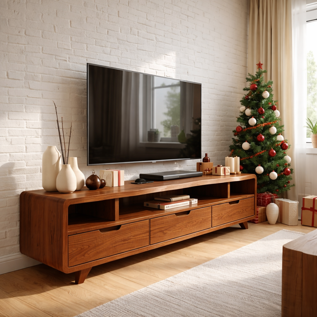 Mid Century Solid Wood Television Stand Walnut Media Console with Drawers Living Room Storage