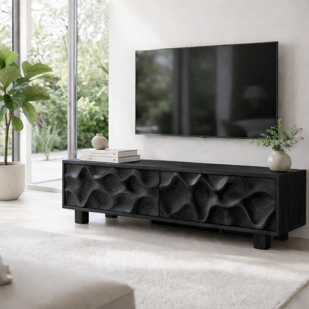 Solid Wood Media Console with Sculpted Wave Front, Modern TV Stand Cabinet