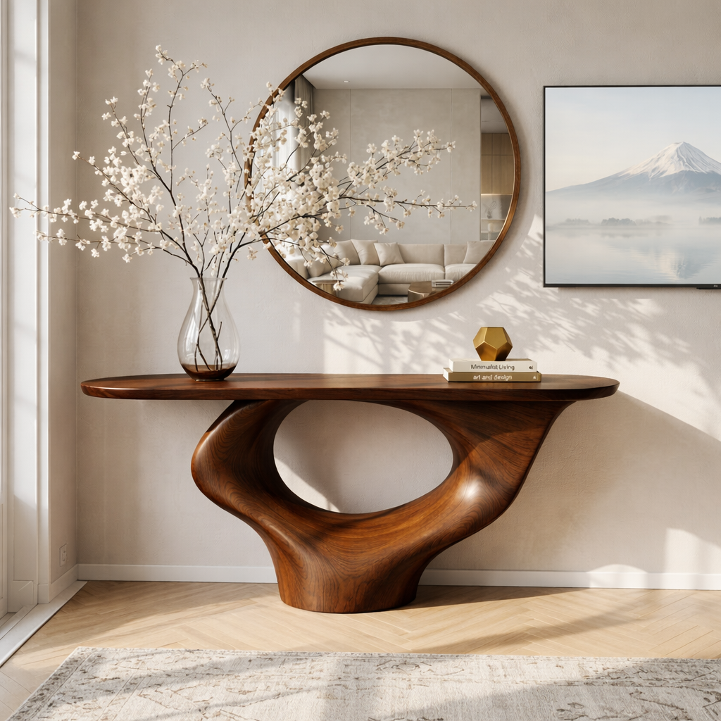 Solid Wood Console Table with Sculptural Base, Modern Minimalist Design