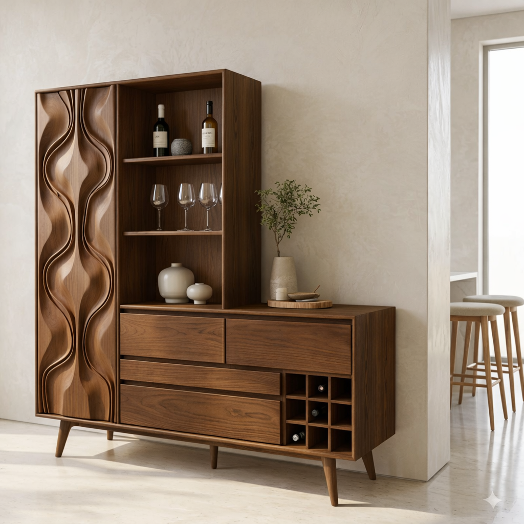 Modern Wine Cabinet Sideboard with Sculpted Door, Open Shelves and Bottle Storage