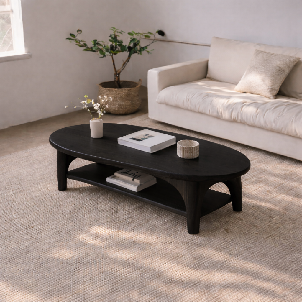 Handcrafted Solid Wood Coffee Table – Oval Modern Center Table with Shelf