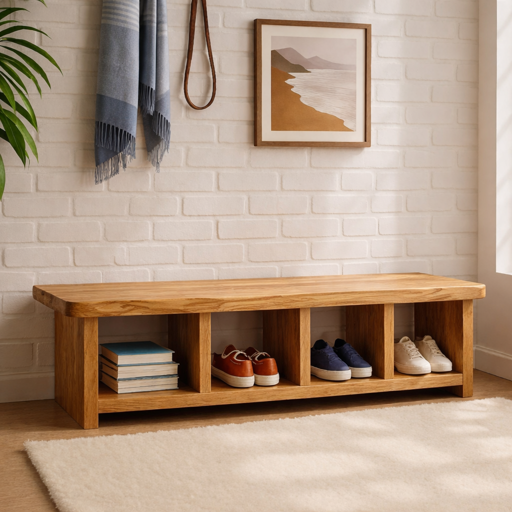 Handcrafted Entryway Bench – Solid Wood Shoe Storage Bench with Open Compartments for Rustic Hallway or Mudroom