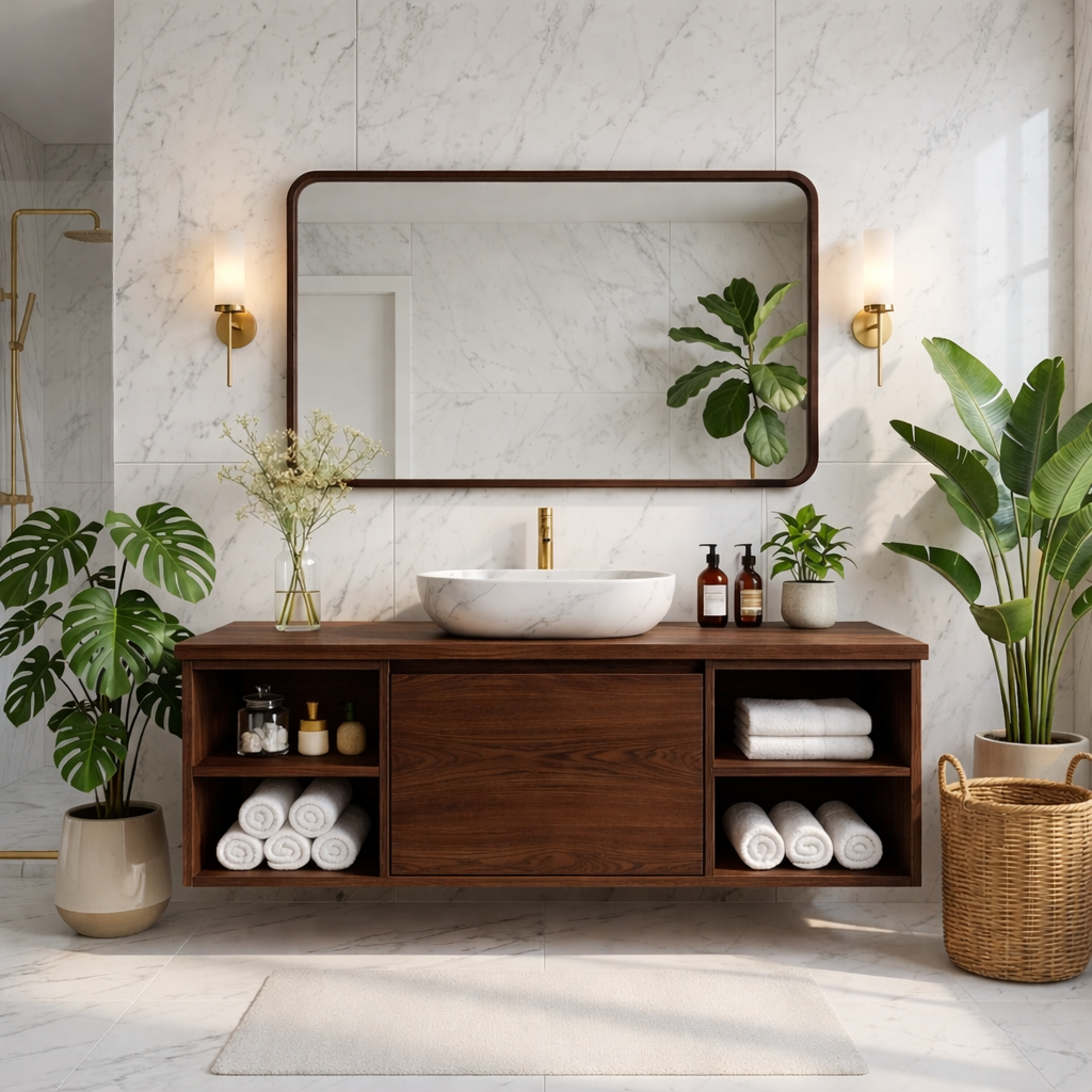 Floating Oak Vanity with Open Shelves and Minimalist Design, Modern Bathroom Furniture