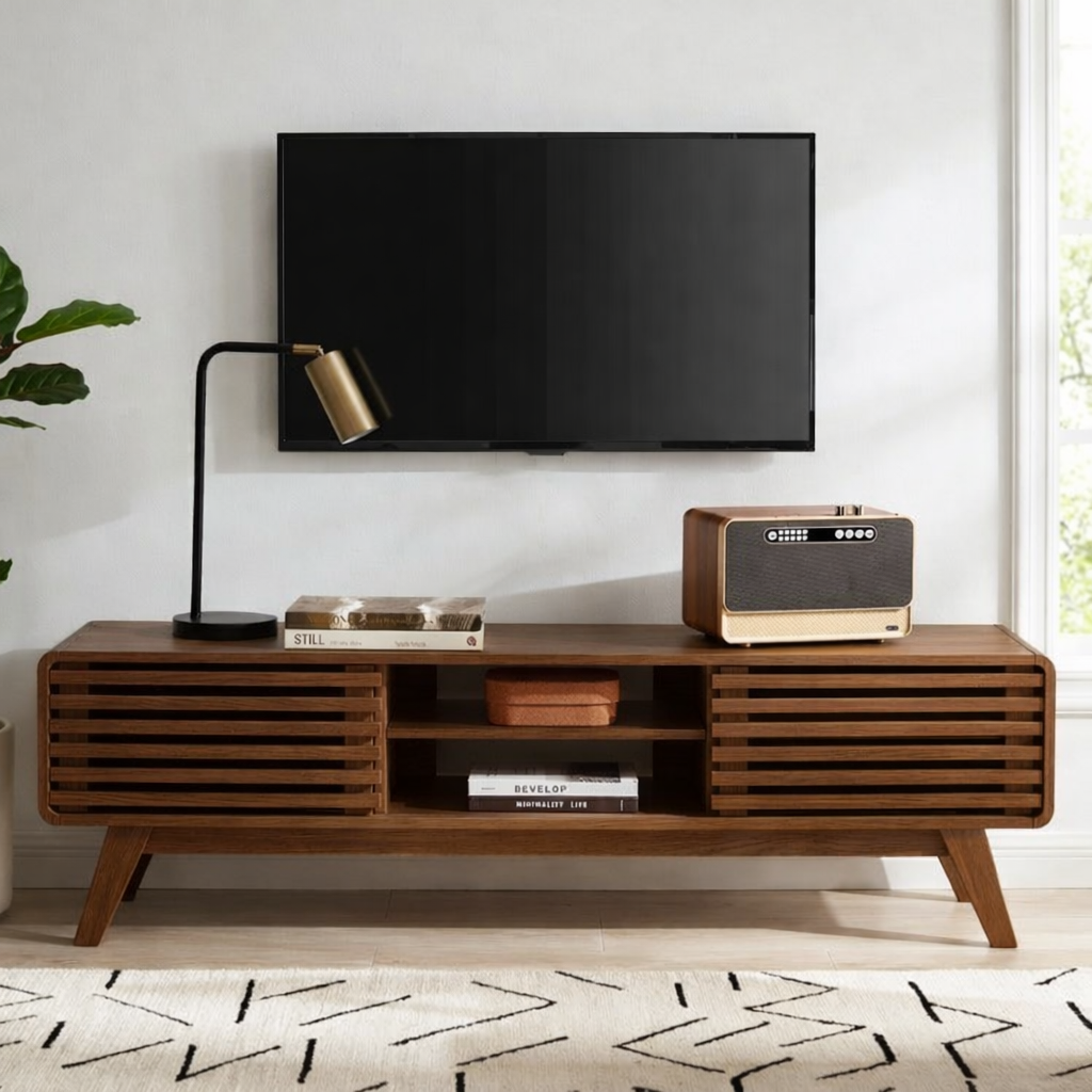 Mid Century Modern TV Stand, Slatted Cabinet Media Console with Storage for Living Room