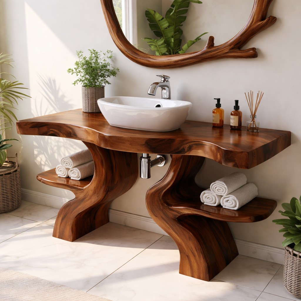 Handcrafted Solid Wood Bathroom Vanity with Live Edge Design for Natural Luxury Spaces