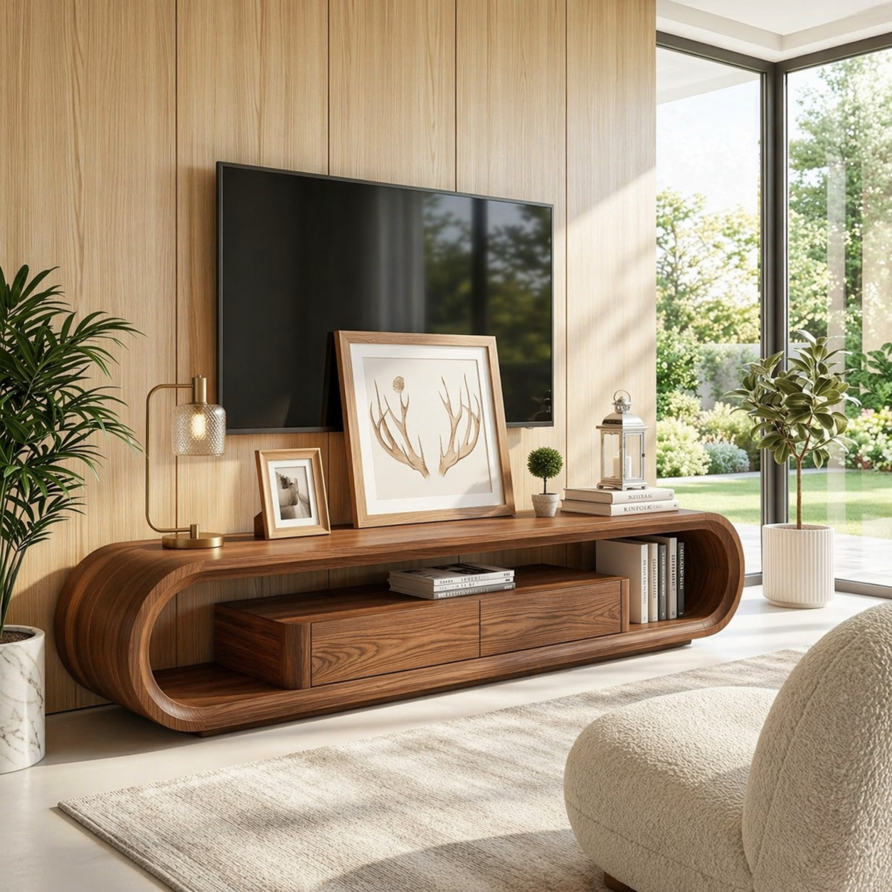 Modern Curved Entertainment Console, Sculptural TV Stand for Luxury Living Rooms