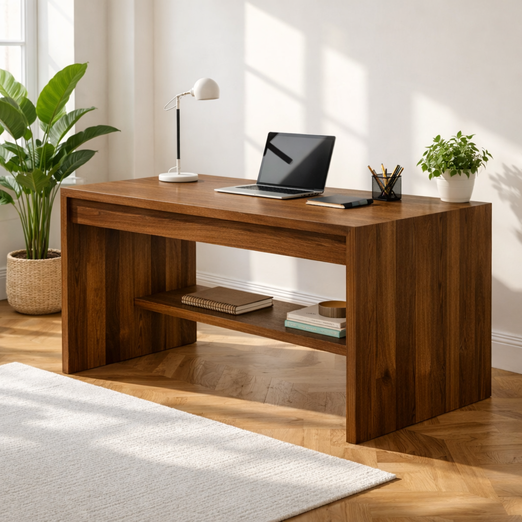 Solid Oak Work Desk with Open Shelf, Handmade Modern Wooden Writing Table