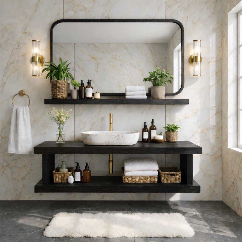 Floating Bathroom Vanity with Natural Wood Shelf Storage and Modern Wall Mounted Design