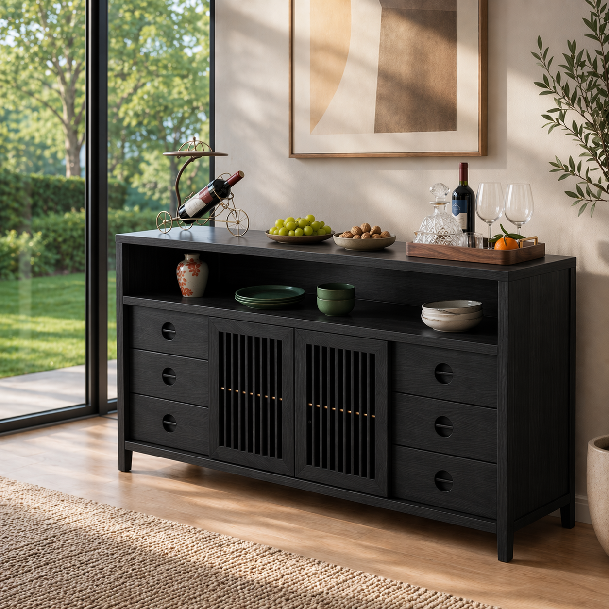 Solid Wood Console Sideboard with Slatted Doors – Modern Walnut Storage Cabinet