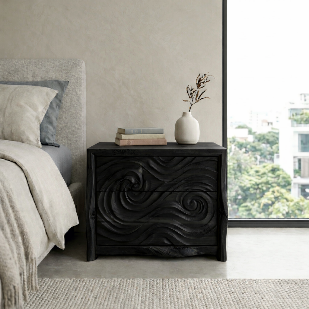 Hand-Carved Wave Wood Nightstand | Organic Modern Bedside Table