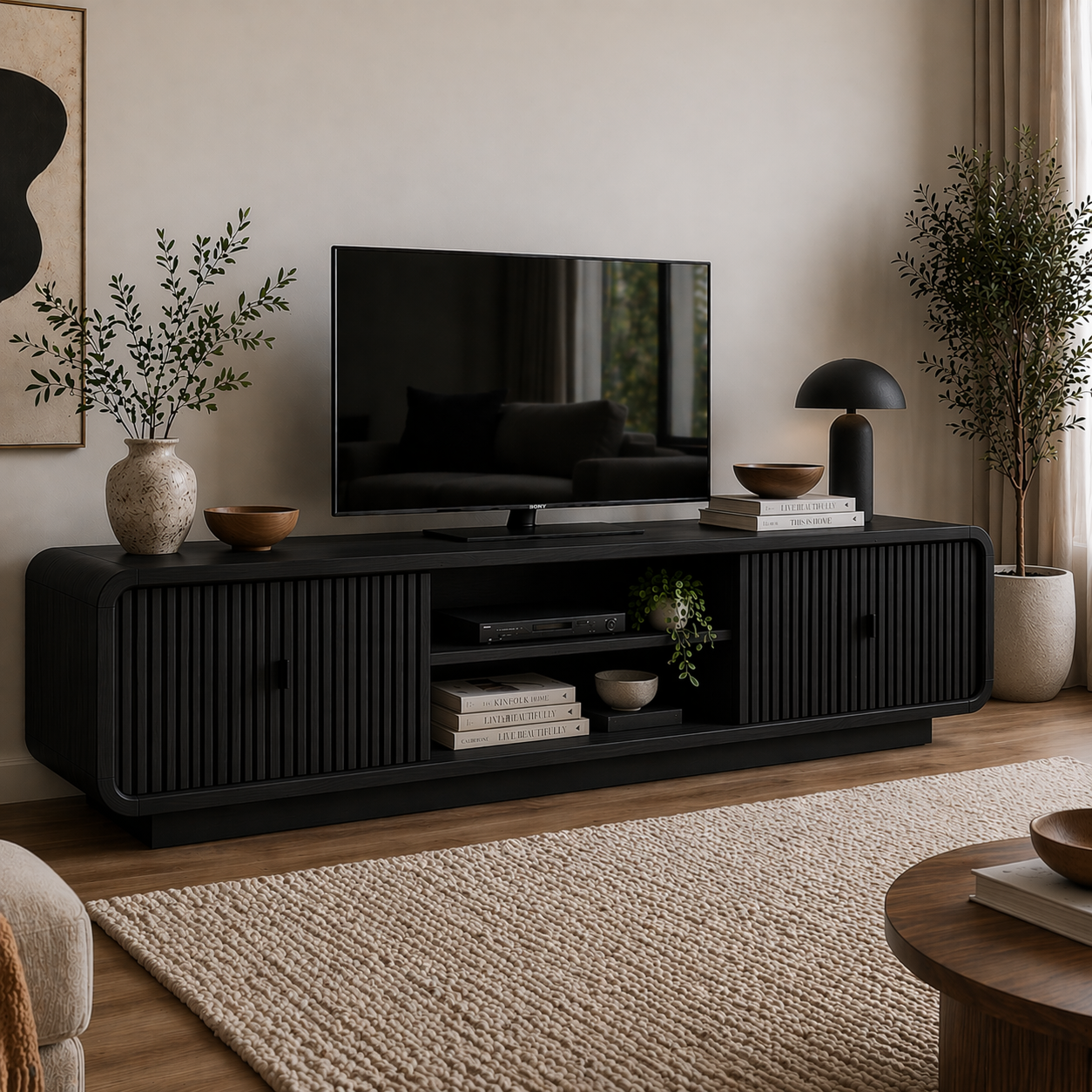 Modern Solid Wood TV Cabinet with Slatted Doors & Open Shelf Storage