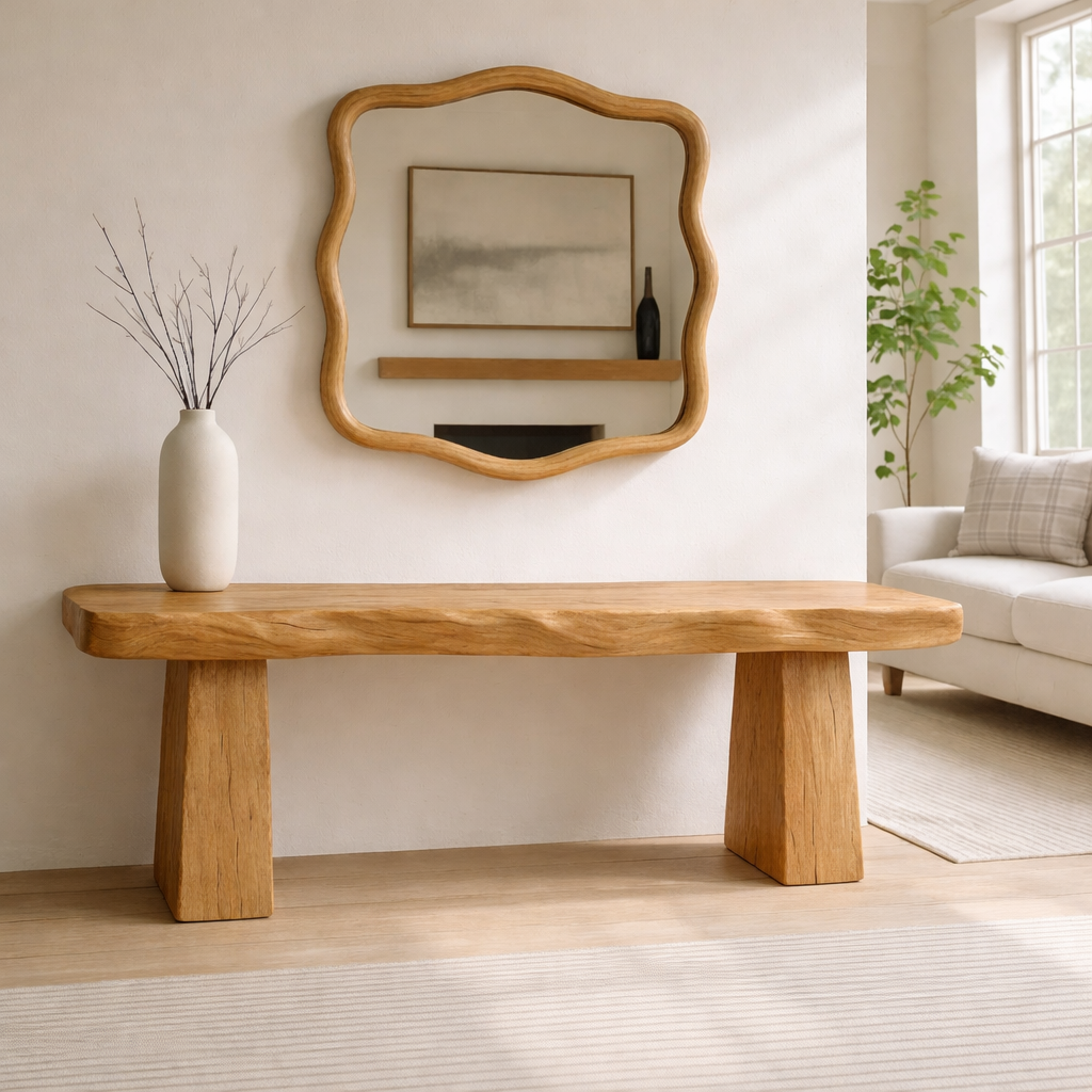 Solid Wood Entryway Bench with Sculpted Base, Handmade Rustic Hallway Seat