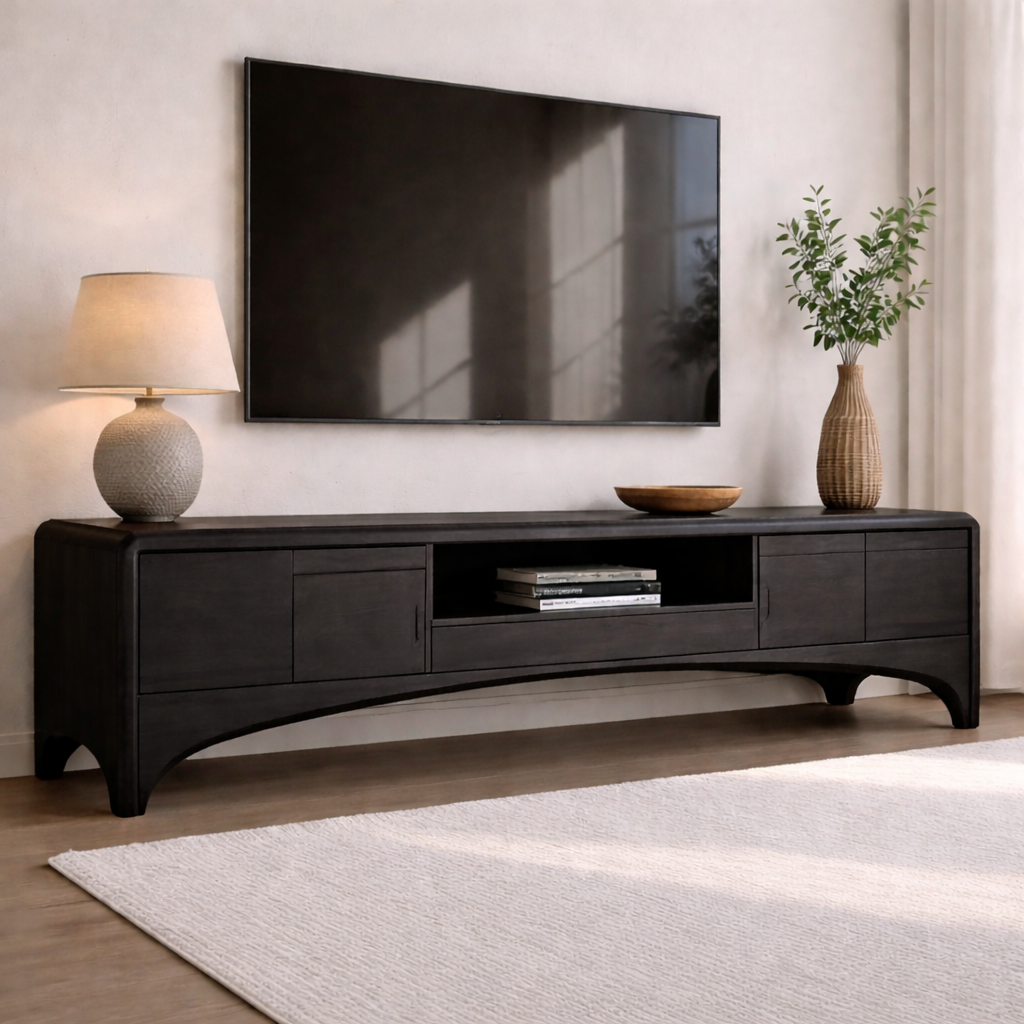 Solid Wood TV Cabinet with Drawers and Open Shelf