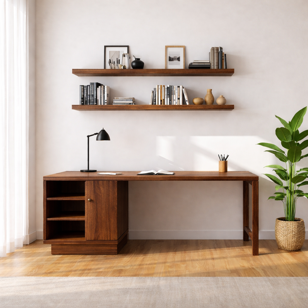 Handcrafted Solid Wood Work Desk with Storage Minimalist Scandinavian Home Office