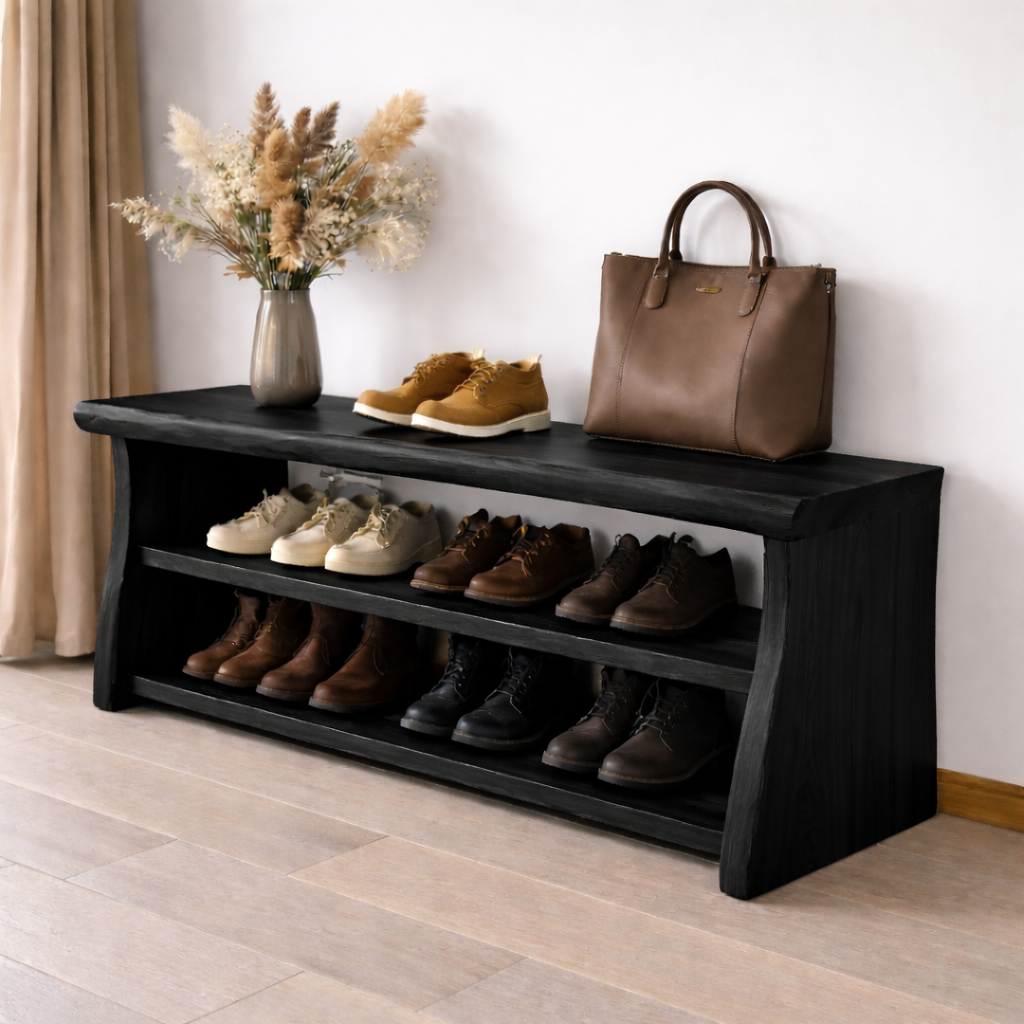 Solid Wood Entryway Bench with Shoe Storage Shelf – Rustic Wooden Shoe Rack Bench