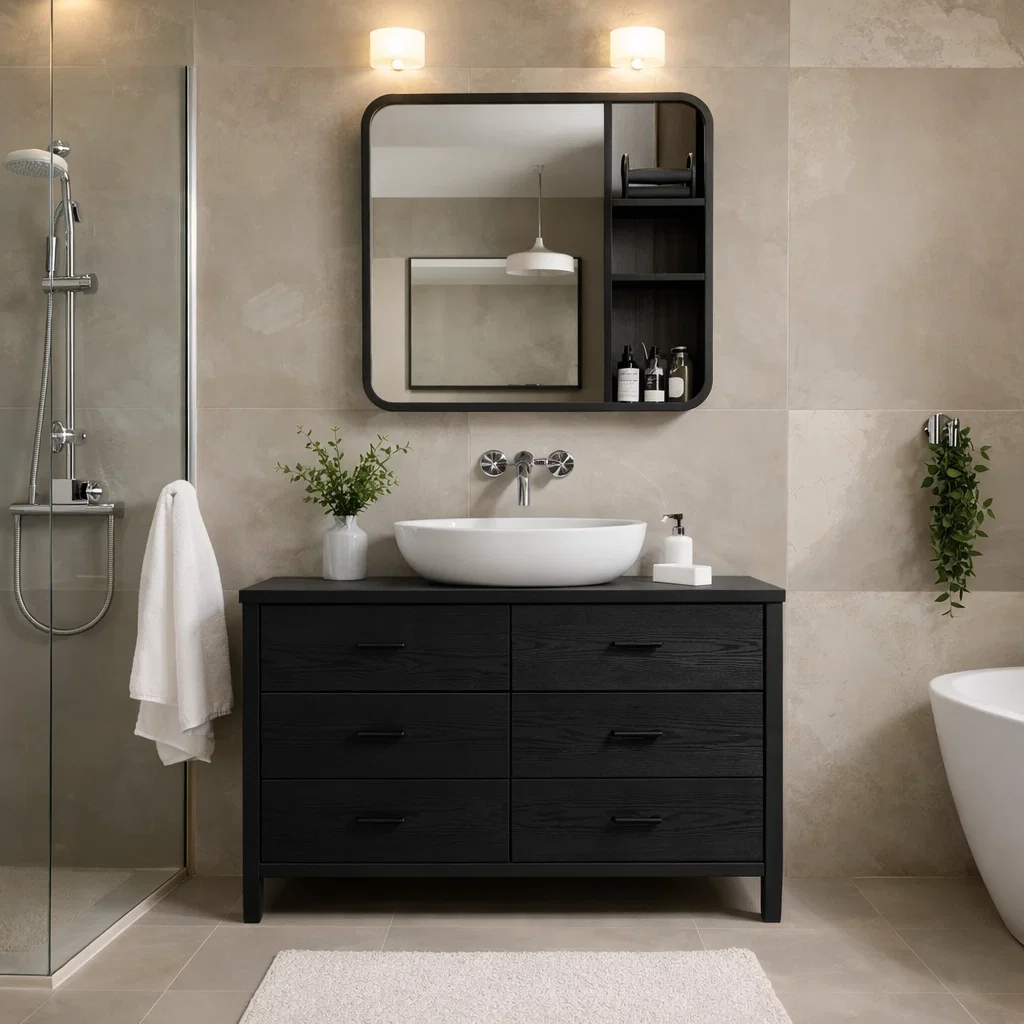 Solid Wood Bathroom Vanity Cabinet with Drawers & Mirror Storage – Modern Finish