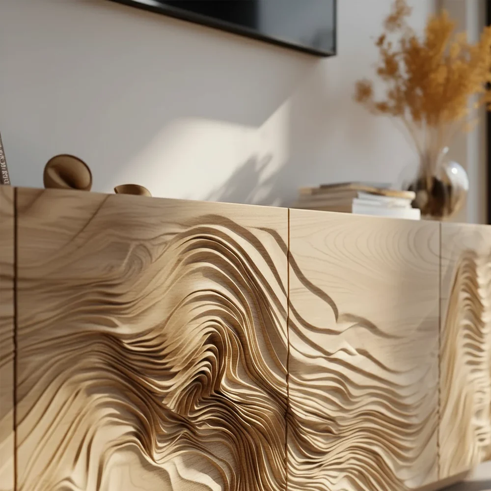 Solid Wood TV Stand with Carved Wave Design Modern Oak Media Console with Storage