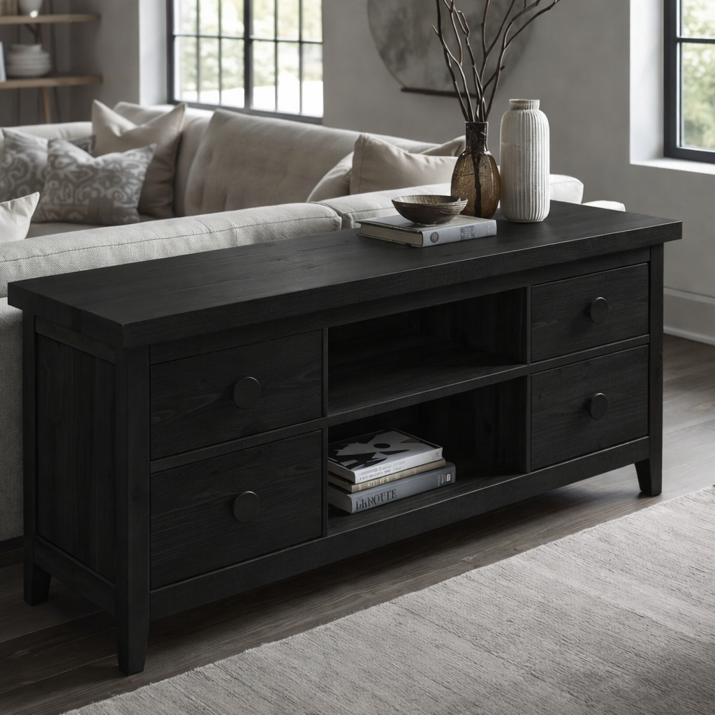 Solid Wood Console Cabinet with 2 Drawers & Open Shelving – Modern Storage Solution