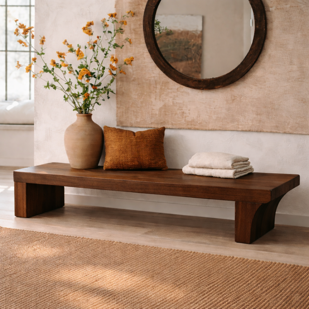 Solid Wood Low Profile Bench, Minimalist Modern Entryway Seating